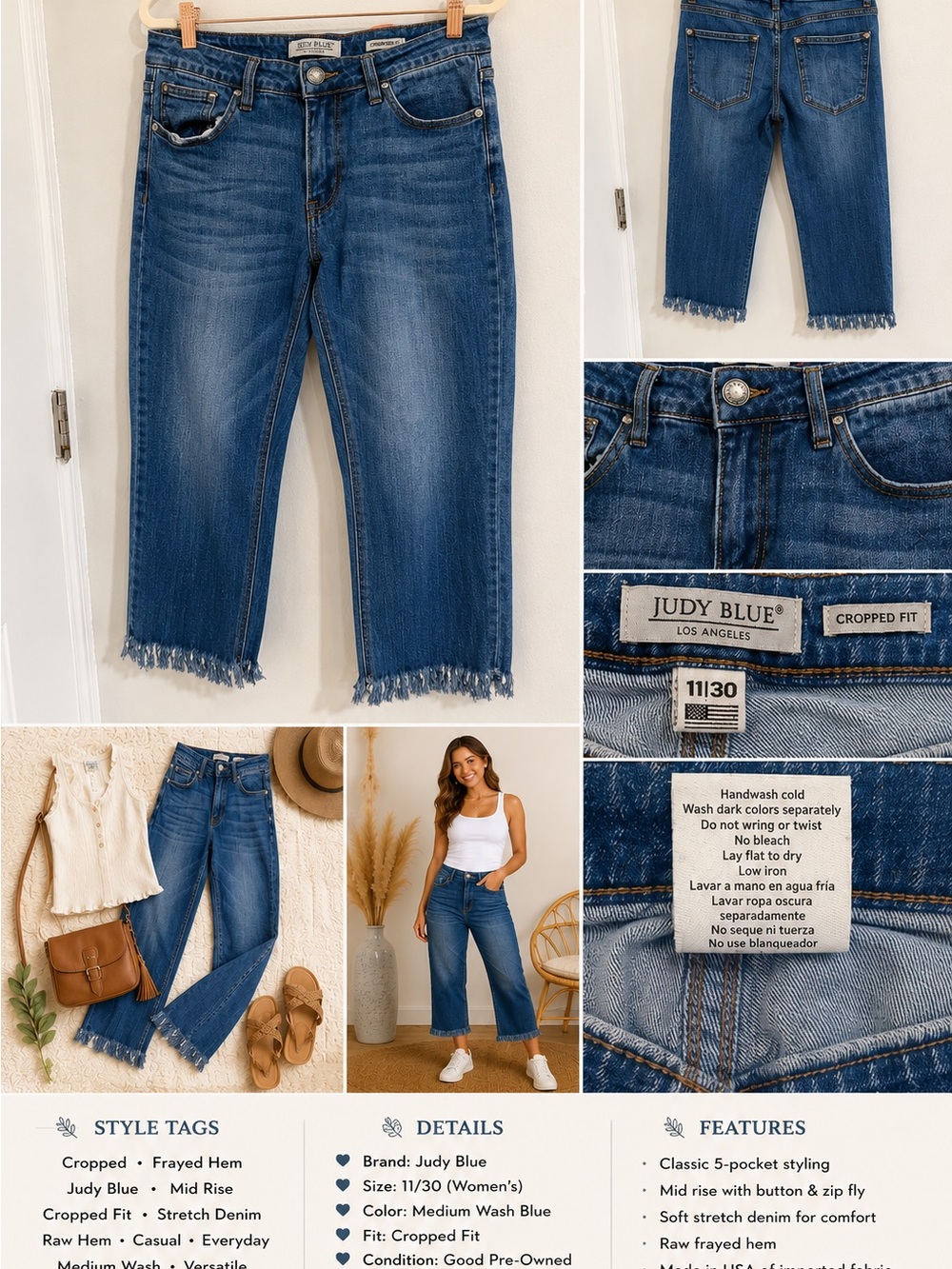 Judy Blue Medium Wash Cropped Frayed-Hem Women's Jeans Size 11/30